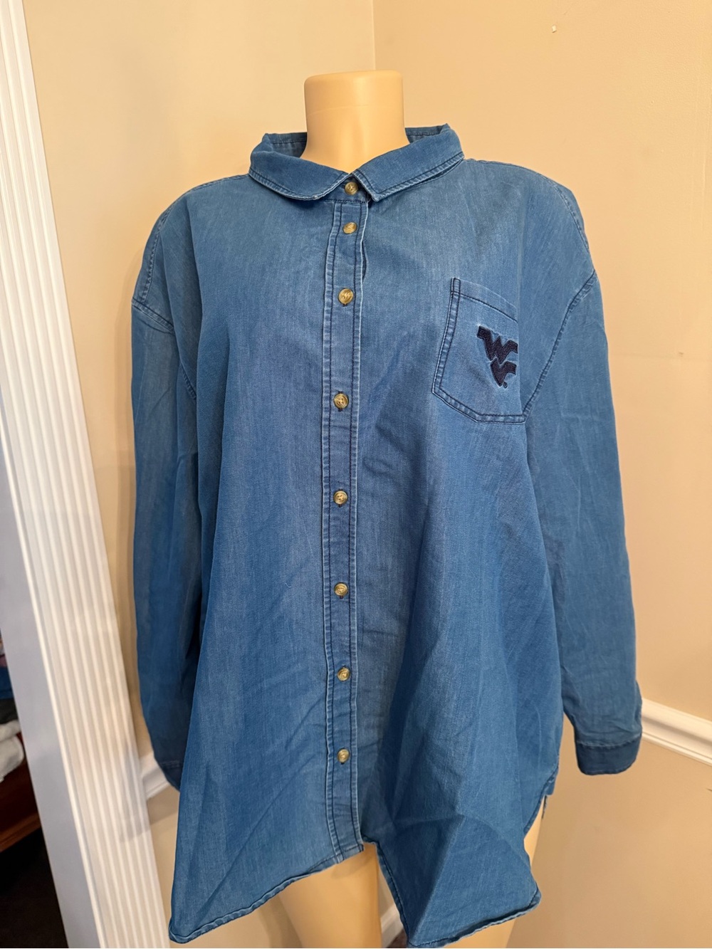 West Virginia University CUSTOM Embroidered Denim Button-Up Blouse - Blue